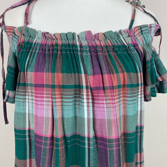 🥑5/$25 Ann Taylor LOFT Small S Green Pink Plaid Off The‎ Shoulder Top Blouse - Picture 5 of 7